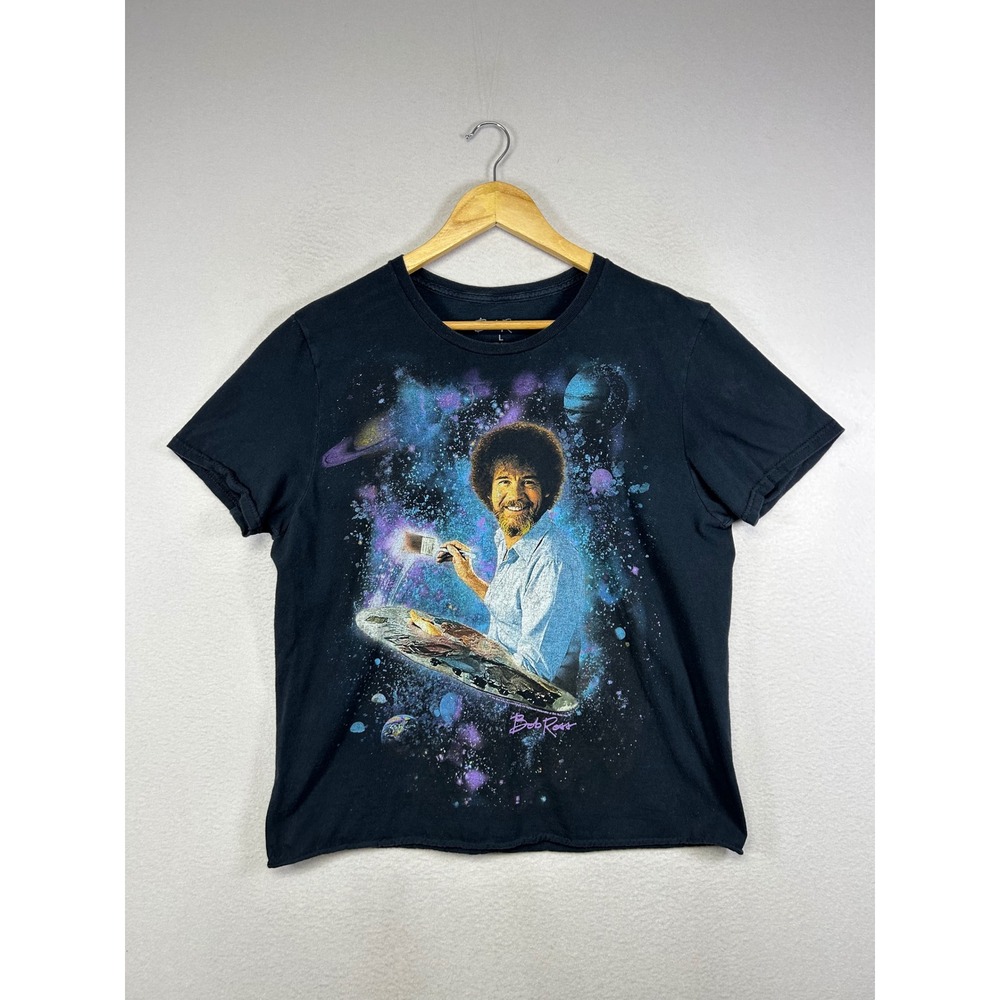 Space Galaxy Aesthetic Bob Ross Mens‎ Large Black Raw Hem Graphic T-Shirt